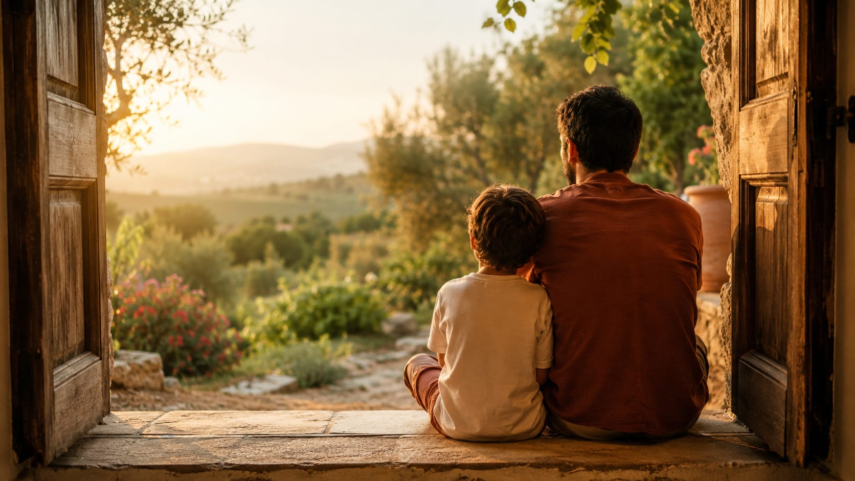 Un adulte et un jeune, vus de dos, assis sur le seuil d'une maison, regardant un jardin baigné de lumière au coucher du soleil
